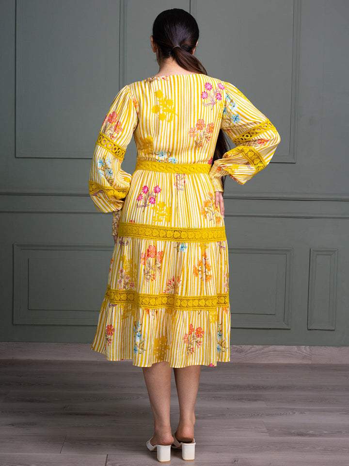 Yellow-Cotton-Floral-Stripe-Printed-Midi-Dress