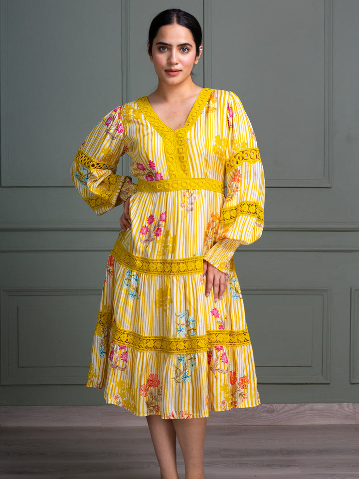 Yellow-Cotton-Floral-Stripe-Printed-Midi-Dress