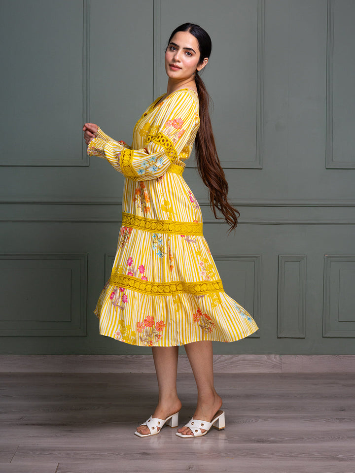 Yellow-Cotton-Floral-Stripe-Printed-Midi-Dress