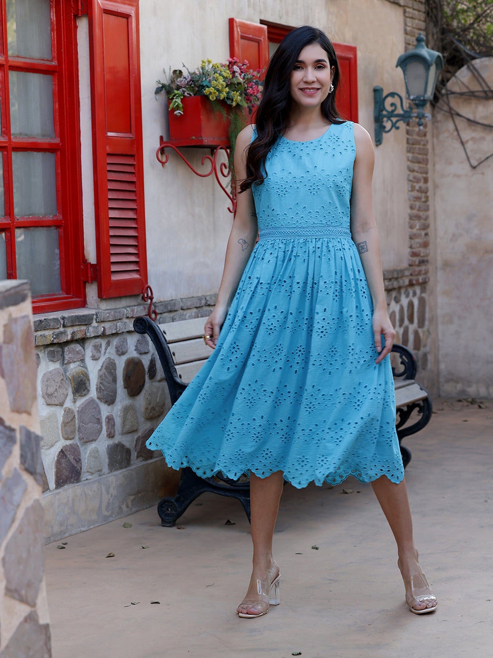 Turquoise-Cotton-Schiffli-Embroidered-Midi-Dress