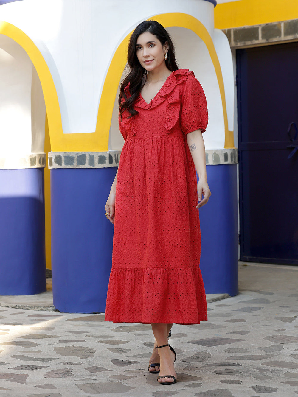 Red-Cotton-Embroidered-Schiffli-Midi-Dress