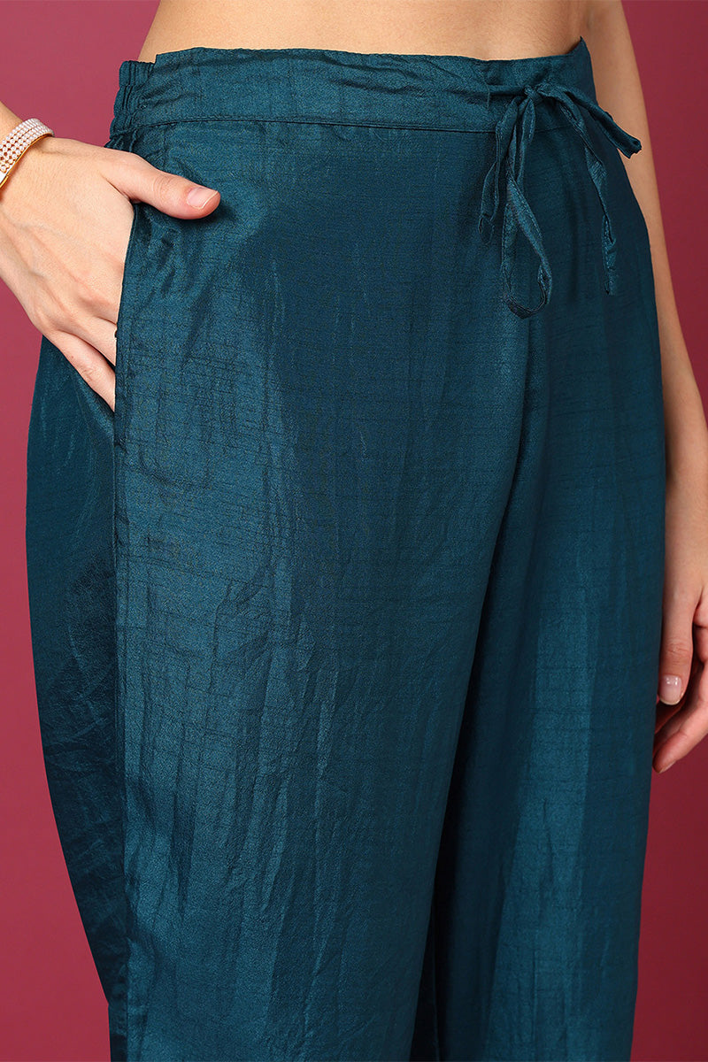 ZERESOUQ-Teal-Silk-Blend-Ethnic-Motifs-Woven-Design-3-Piece-Kurta-Set