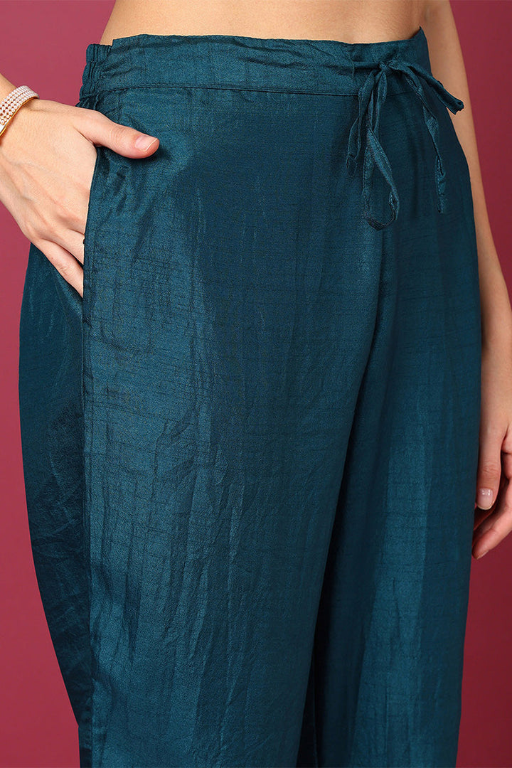 ZERESOUQ-Teal-Silk-Blend-Ethnic-Motifs-Woven-Design-3-Piece-Kurta-Set