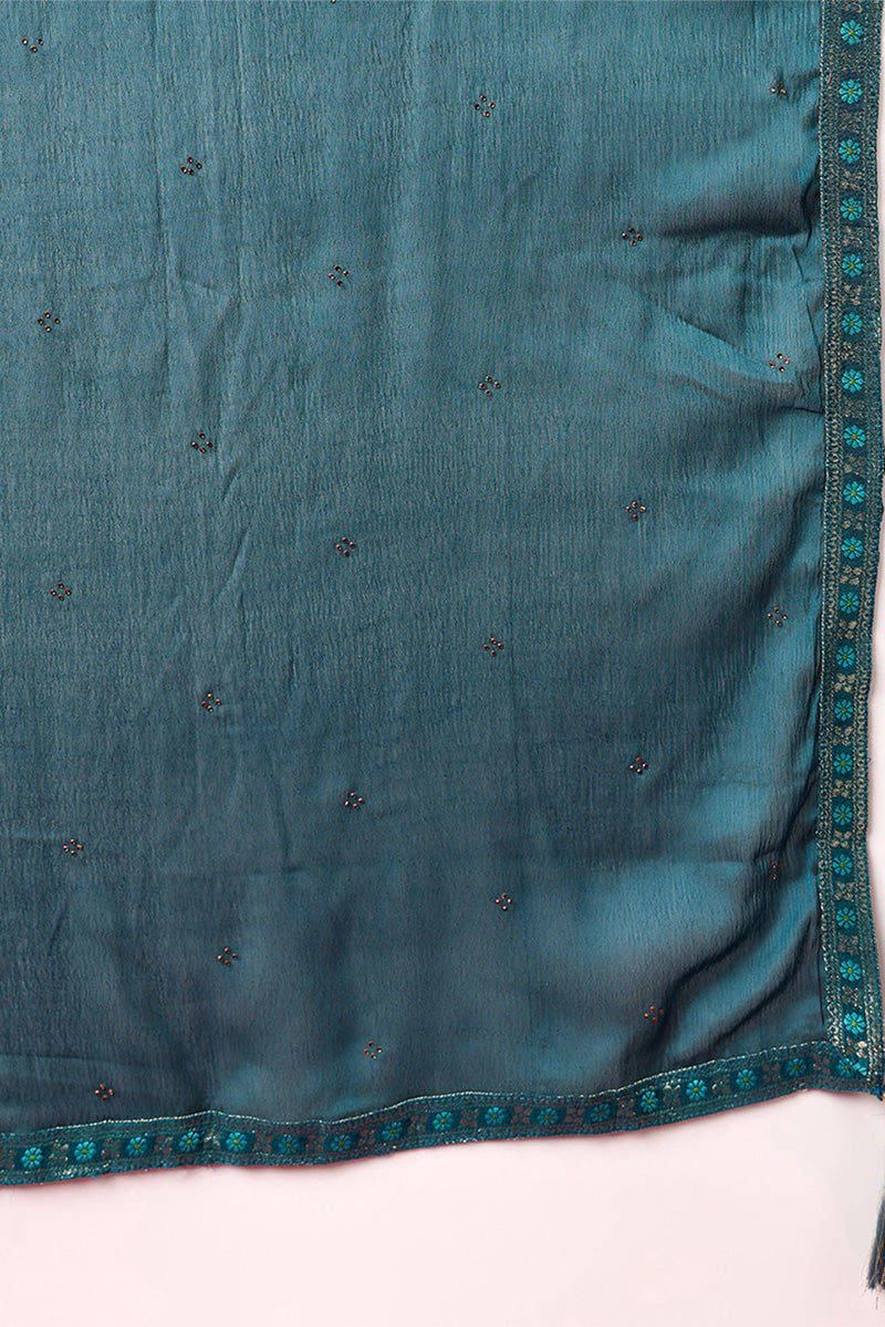 ZERESOUQ-Teal-Silk-Blend-Ethnic-Motifs-Woven-Design-3-Piece-Kurta-Set