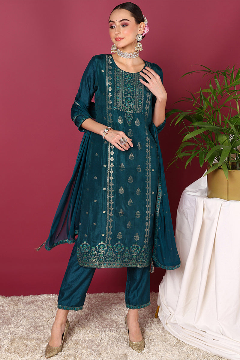 ZERESOUQ-Teal-Silk-Blend-Ethnic-Motifs-Woven-Design-3-Piece-Kurta-Set