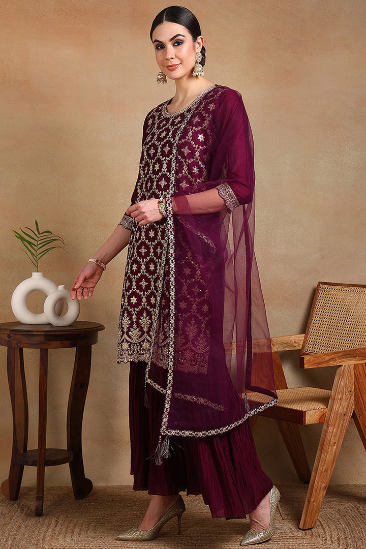 ZERESOUQ-Burgundy-Silk-Blend-Machine-Woven-embroidered-Sharara-Set