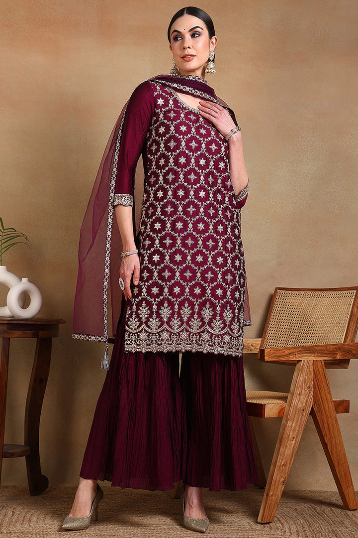 ZERESOUQ-Burgundy-Silk-Blend-Machine-Woven-embroidered-Sharara-Set