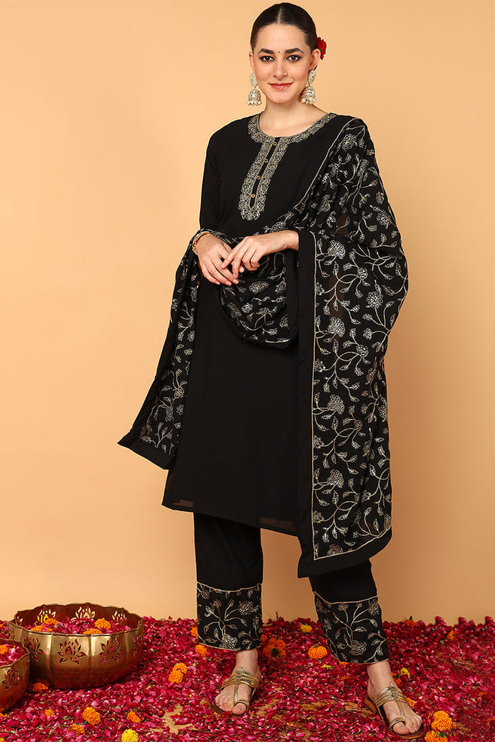 ZERESOUQ-Black-Poly-Georgette-Solid-Embroidered-3-Piece-Kurta-Set