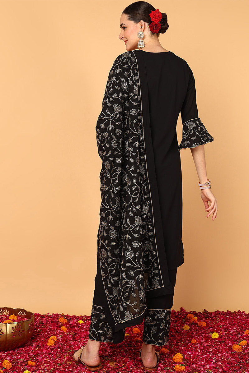 ZERESOUQ-Black-Poly-Georgette-Solid-Embroidered-3-Piece-Kurta-Set