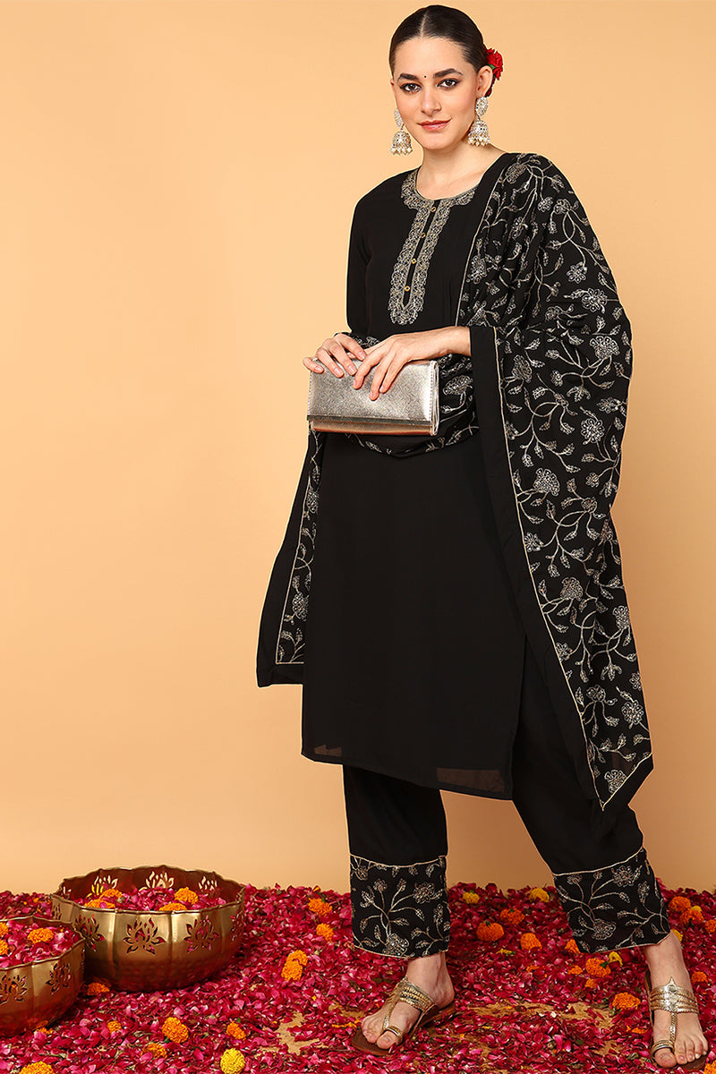 ZERESOUQ-Black-Poly-Georgette-Solid-Embroidered-3-Piece-Kurta-Set