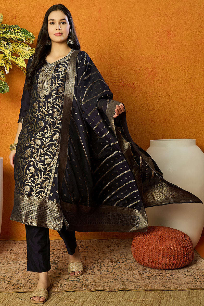 White-Silk-Blend-Embroidered-Straight-3-Piece-Kurta-Set