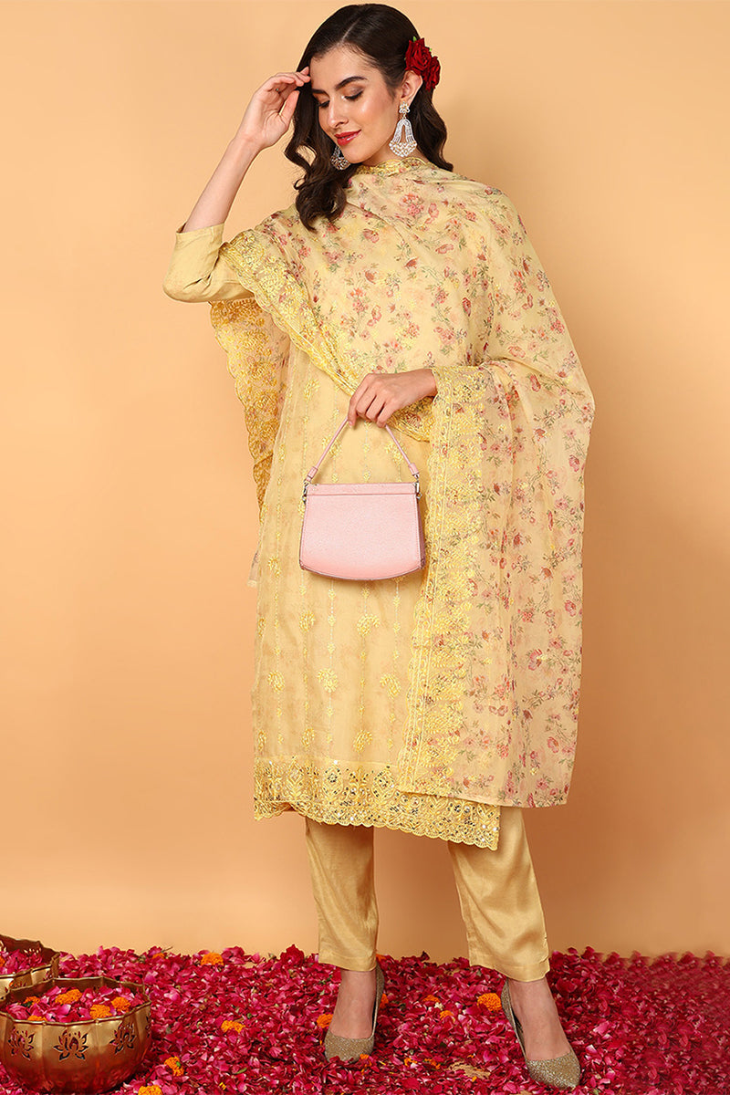 ZERESOUQ-Yellow-Organza-Floral-Embroidered-Straight-3-Piece-Kurta-Set