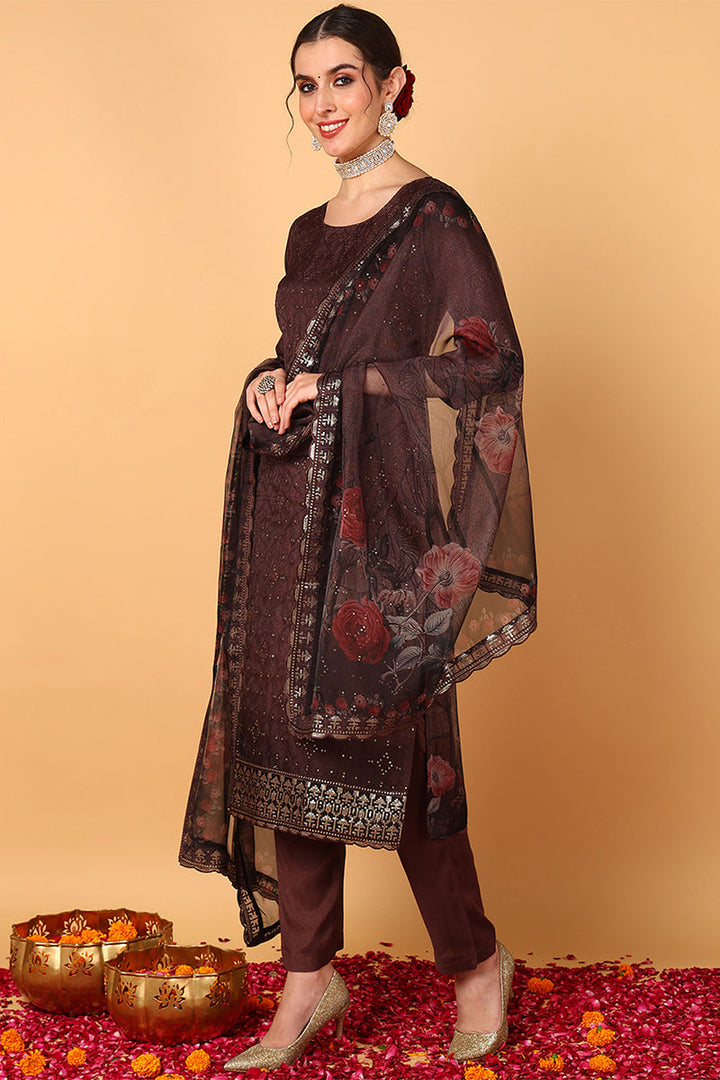 ZERESOUQ-Brown-Organza-Ethnic-Motifs-Embroidered-3-Piece-Kurta-Set