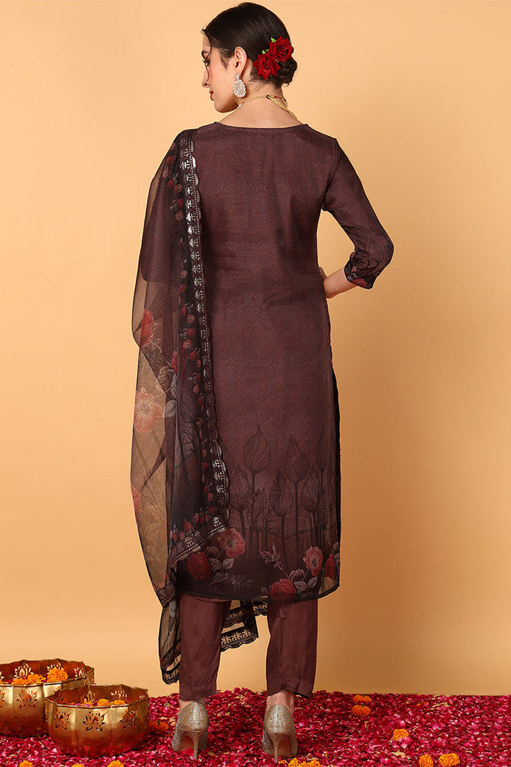 ZERESOUQ-Brown-Organza-Ethnic-Motifs-Embroidered-3-Piece-Kurta-Set