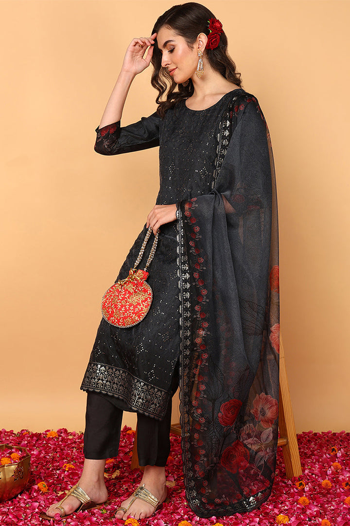 ZERESOUQ-Black-Organza-Floral-Embroidered-Straight-3-Piece-Kurta-Set