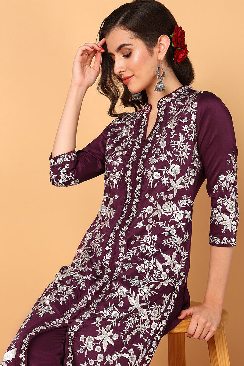 ZERESOUQ-Purple-Silk-Blend-Solid-Embroidered-Straight-Suit-Set