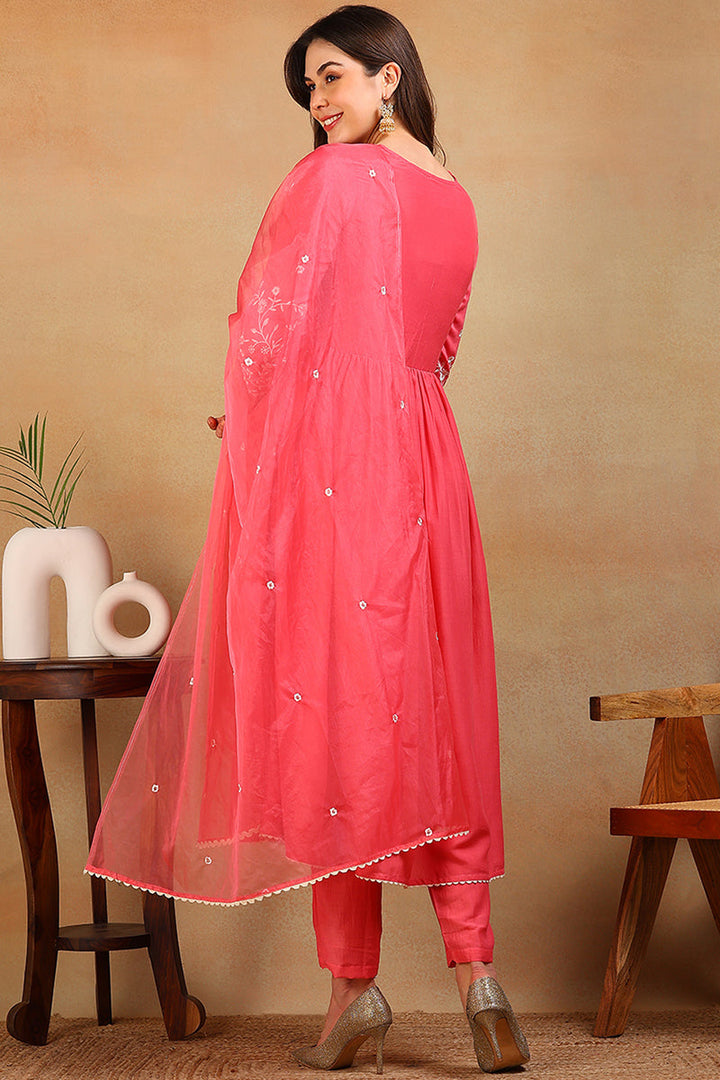 ZERESOUQ-Pink-Silk-Blend-Solid-Embroidered-Flared-3-Piece-Kurta-Set