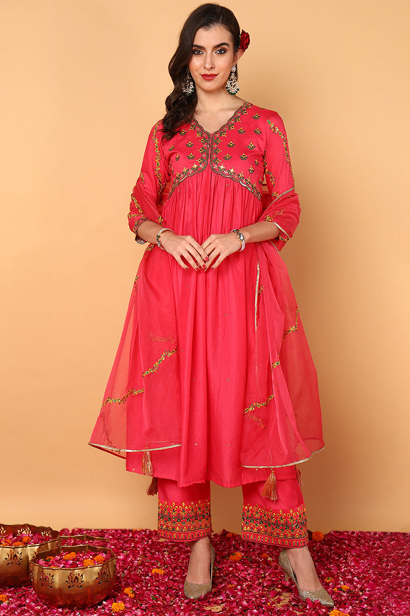 ZERESOUQ-Pink-Silk-Blend-Solid-Embroidered-Flared-3-Piece-Kurta-Set