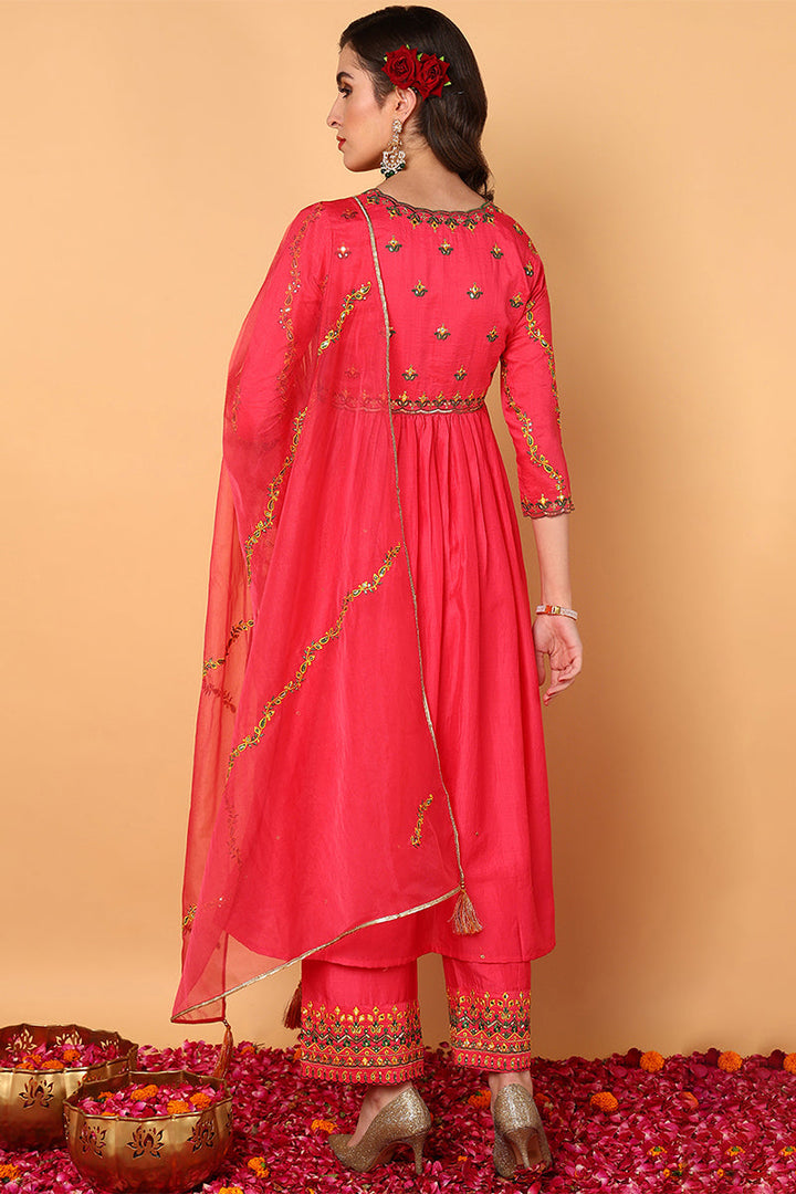 ZERESOUQ-Pink-Silk-Blend-Solid-Embroidered-Flared-3-Piece-Kurta-Set