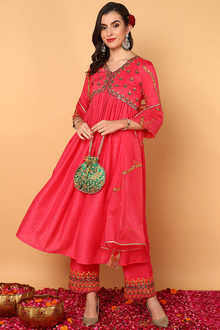 ZERESOUQ-Pink-Silk-Blend-Solid-Embroidered-Flared-3-Piece-Kurta-Set