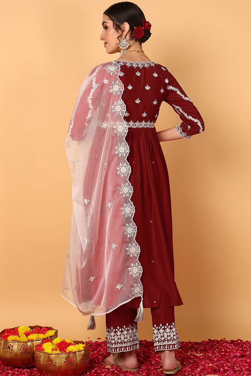 ZERESOUQ-Red-Silk-Blend-Solid-Embroidered-Flared-3-Piece-Kurta-Set