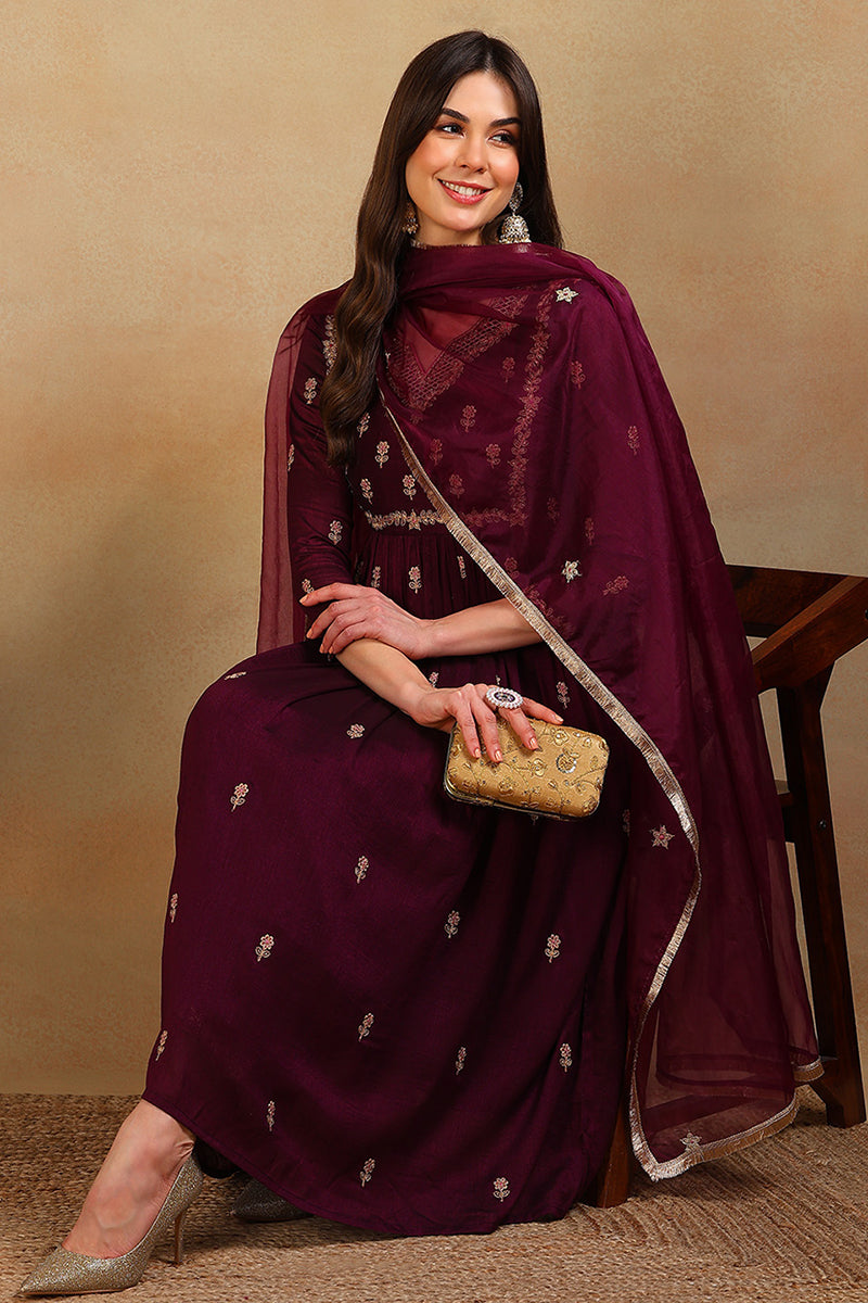 ZERESOUQ-Purple-Silk-Blend-Solid-Embroidered-Flared-3-Piece-Kurta-Set