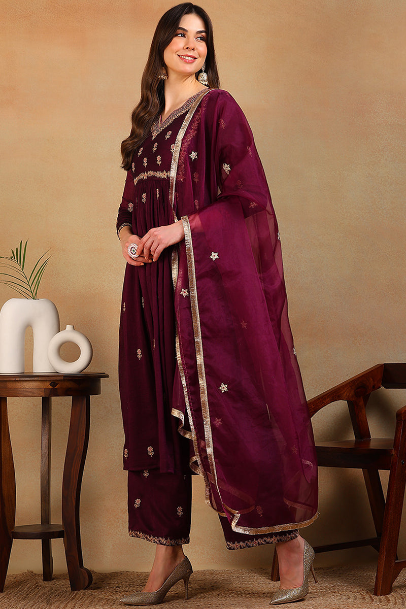 ZERESOUQ-Purple-Silk-Blend-Solid-Embroidered-Flared-3-Piece-Kurta-Set