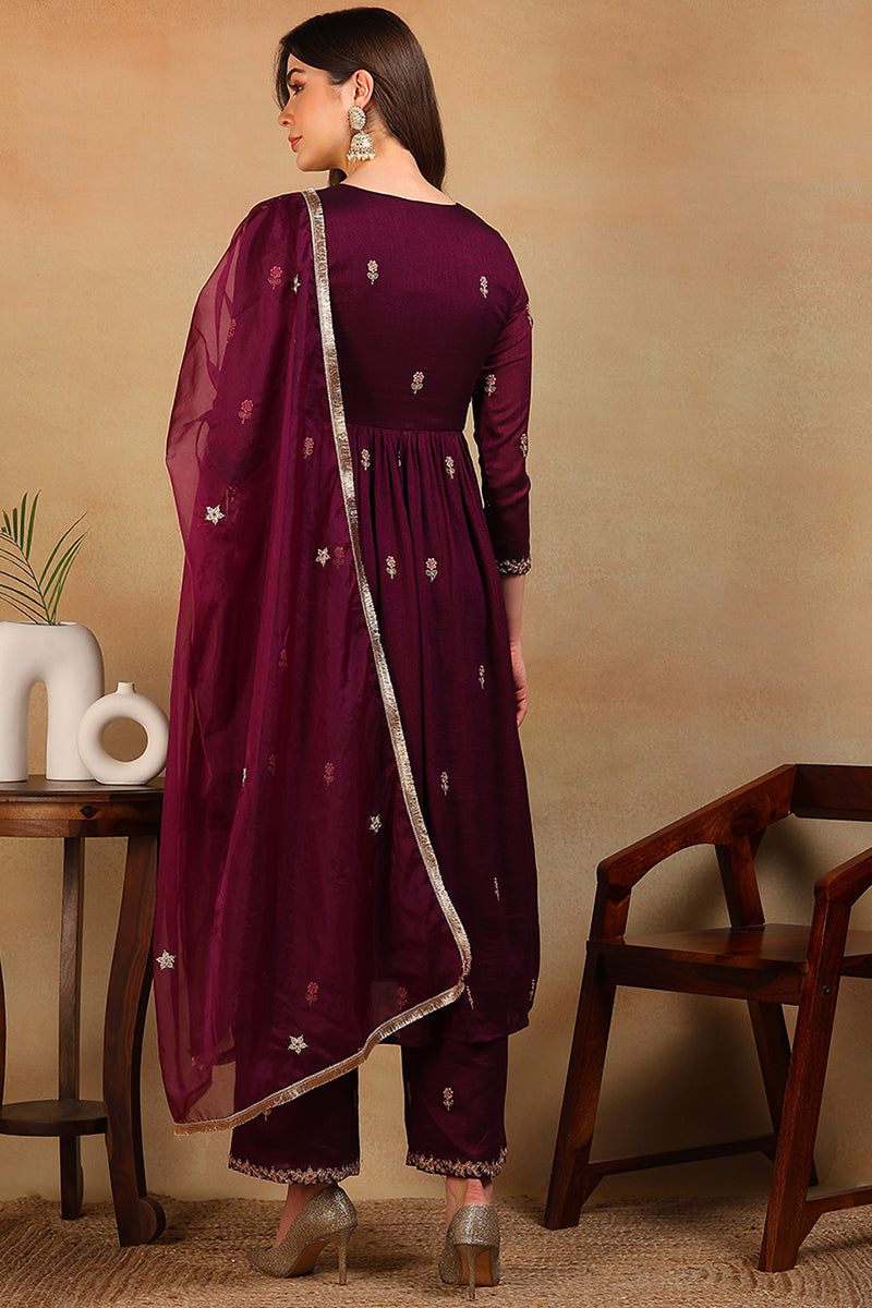 ZERESOUQ-Purple-Silk-Blend-Solid-Embroidered-Flared-3-Piece-Kurta-Set
