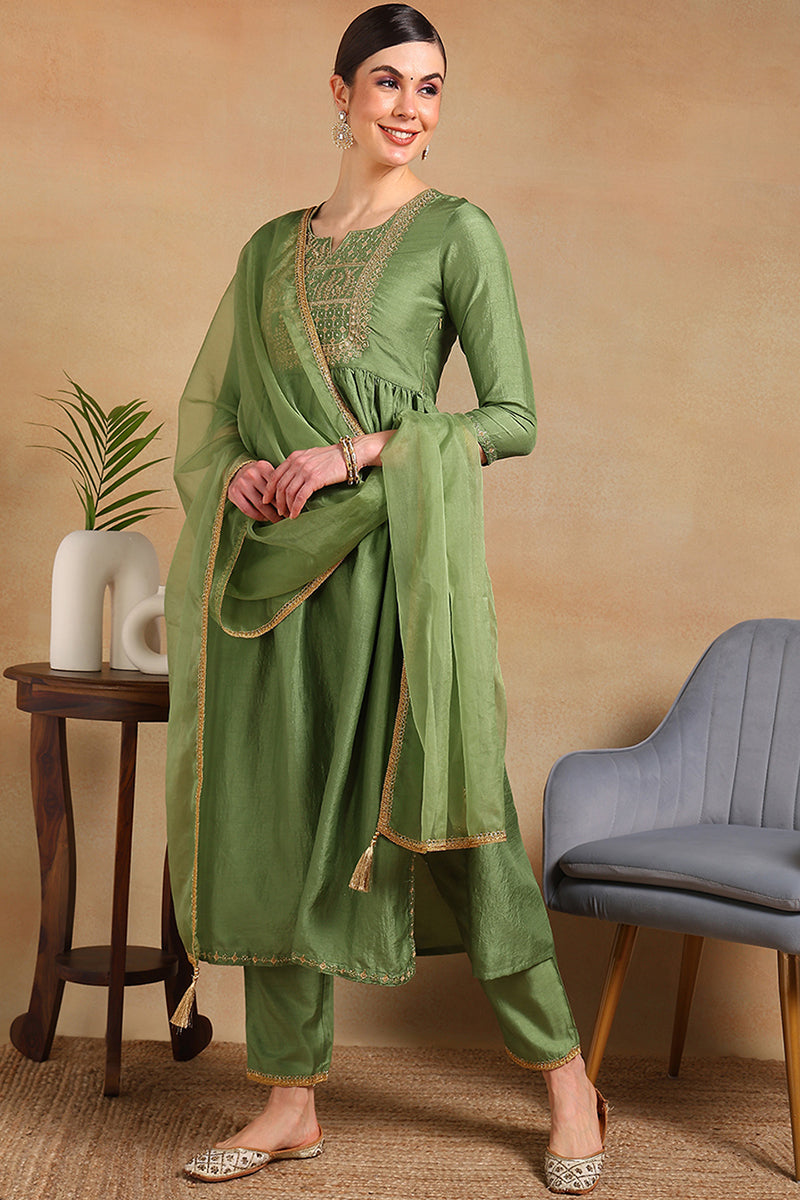 ZERESOUQ-Green-Silk-Blend-Yoke-Design-Flared-Empire-3-Piece-Kurta-Set