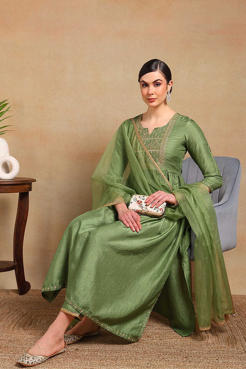 ZERESOUQ-Green-Silk-Blend-Yoke-Design-Flared-Empire-3-Piece-Kurta-Set