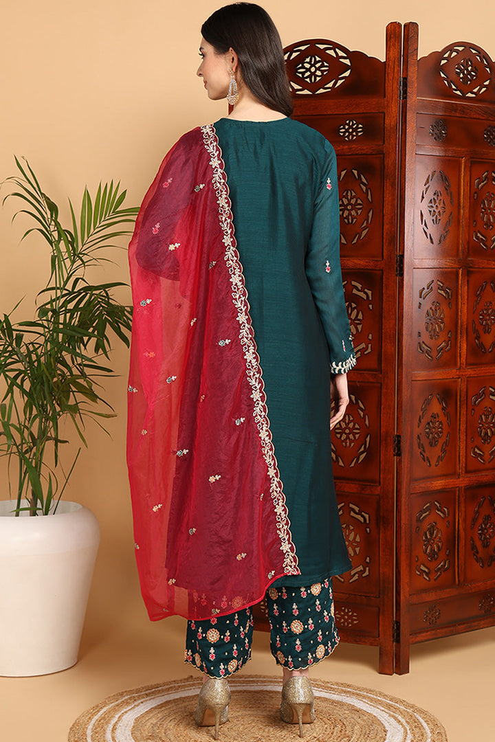 Green-Silk-Blend-Solid-Yoke-Design-Flared-Kurta-Set