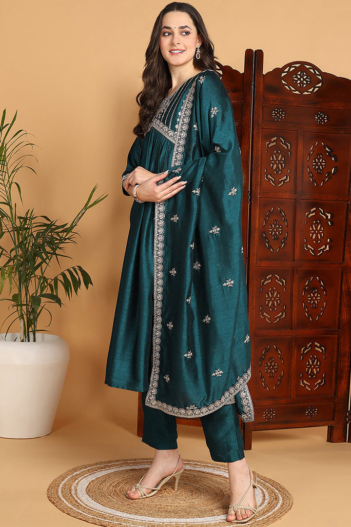 ZERESOUQ-Green-Silk-Blend-Embroidered-Flared-3-Piece-Kurta-Set