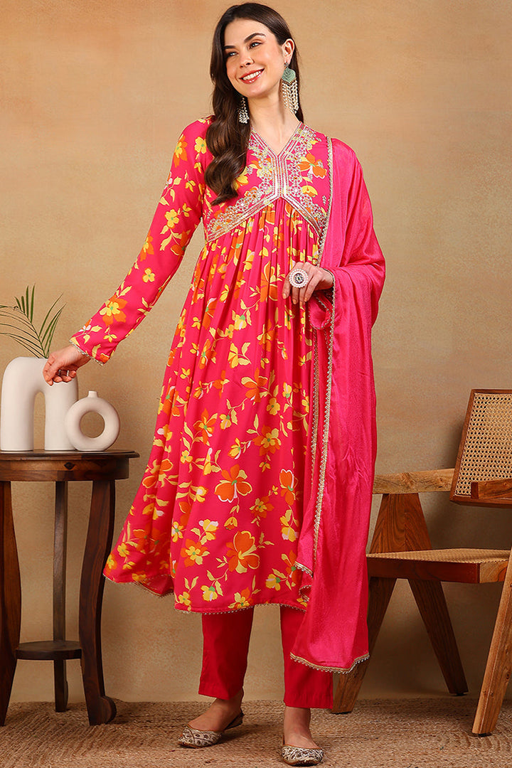 ZERESOUQ-Pink-Poly-Georgette-Printed-Flared-Empire-3-Piece-Kurta-Set