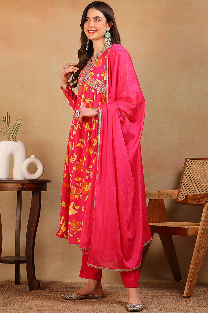 ZERESOUQ-Pink-Poly-Georgette-Printed-Flared-Empire-3-Piece-Kurta-Set