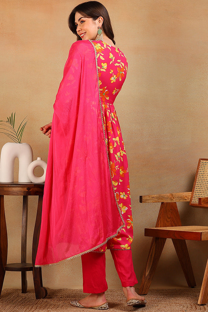 ZERESOUQ-Pink-Poly-Georgette-Printed-Flared-Empire-3-Piece-Kurta-Set