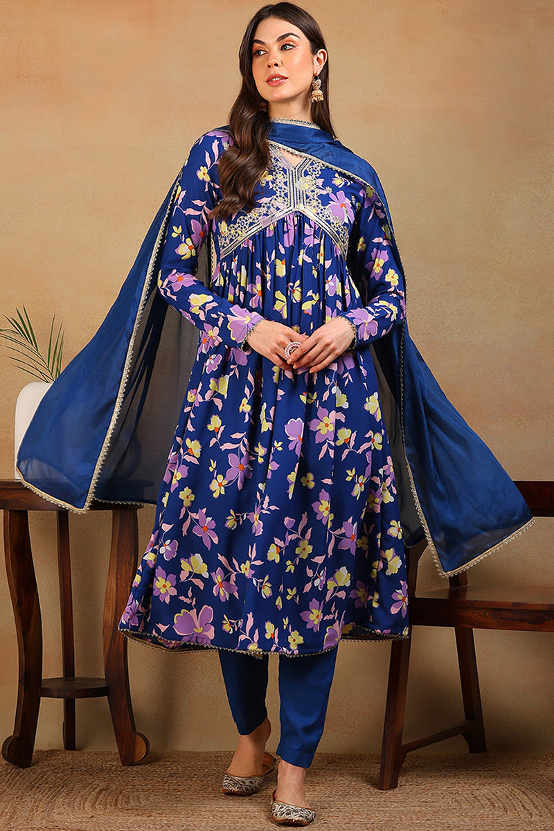 ZERESOUQ-Blue-Poly-Georgette-Floral-Printed-Flared-3-Piece-Kurta-Set