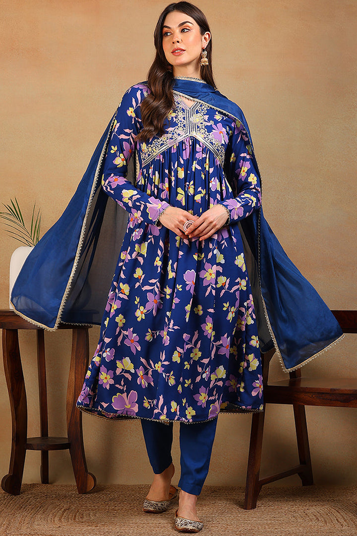 ZERESOUQ-Blue-Poly-Georgette-Floral-Printed-Flared-3-Piece-Kurta-Set