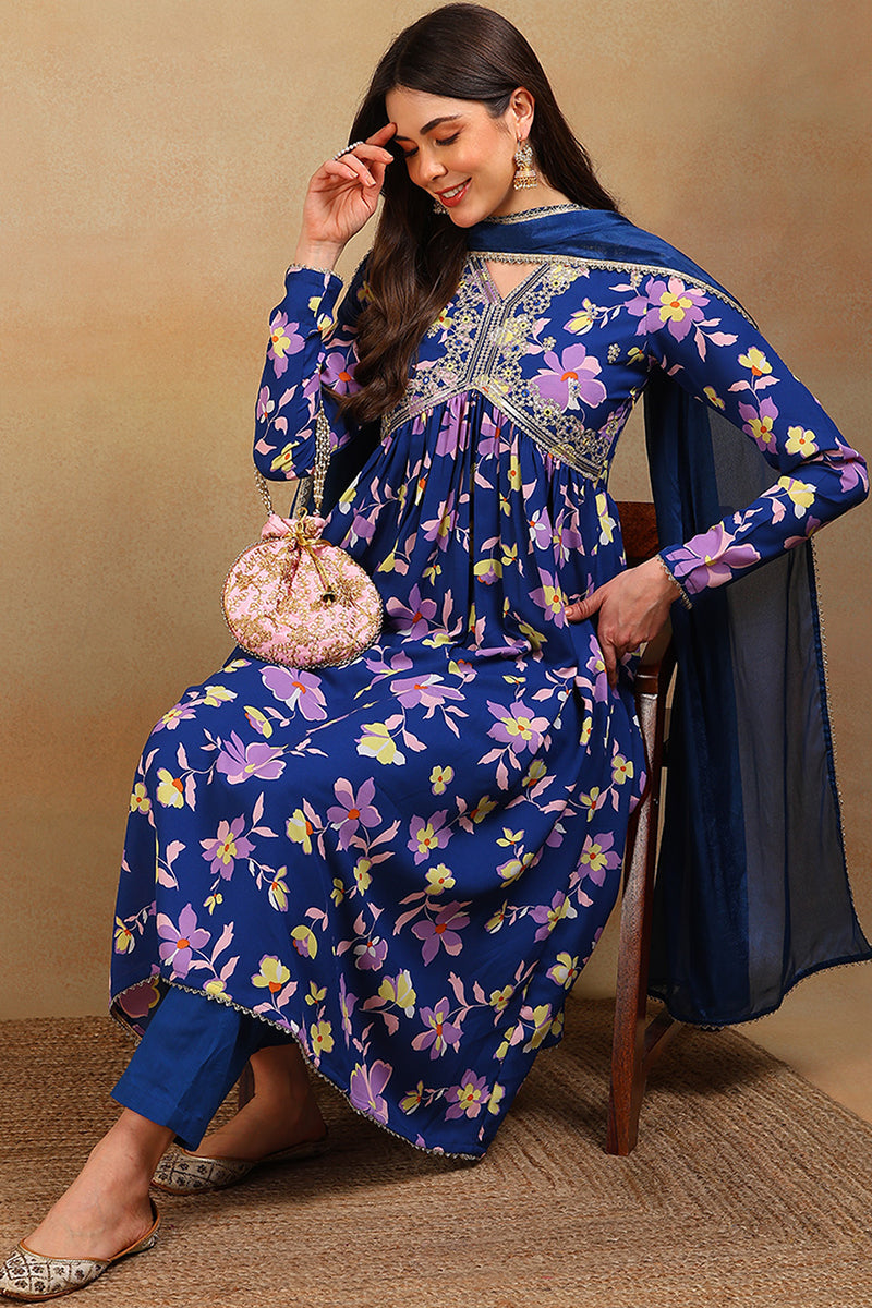 ZERESOUQ-Blue-Poly-Georgette-Floral-Printed-Flared-3-Piece-Kurta-Set