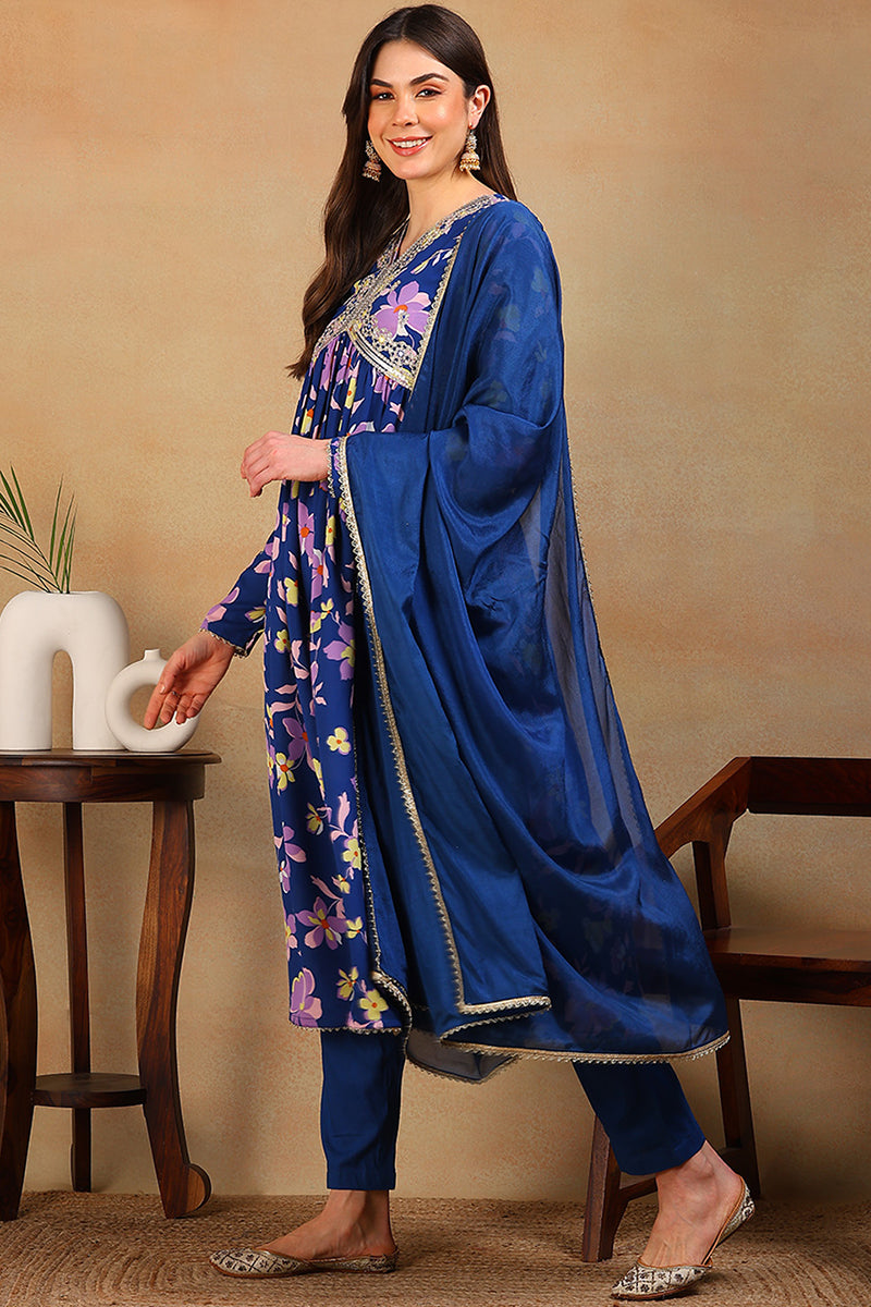 ZERESOUQ-Blue-Poly-Georgette-Floral-Printed-Flared-3-Piece-Kurta-Set