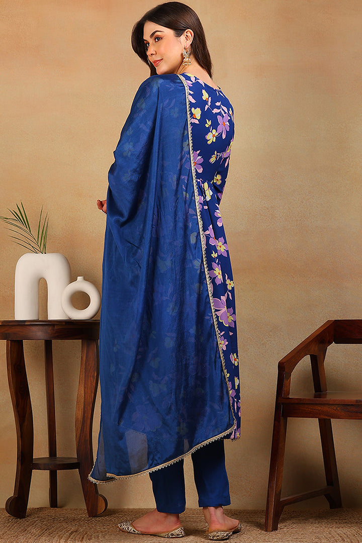 ZERESOUQ-Blue-Poly-Georgette-Floral-Printed-Flared-3-Piece-Kurta-Set