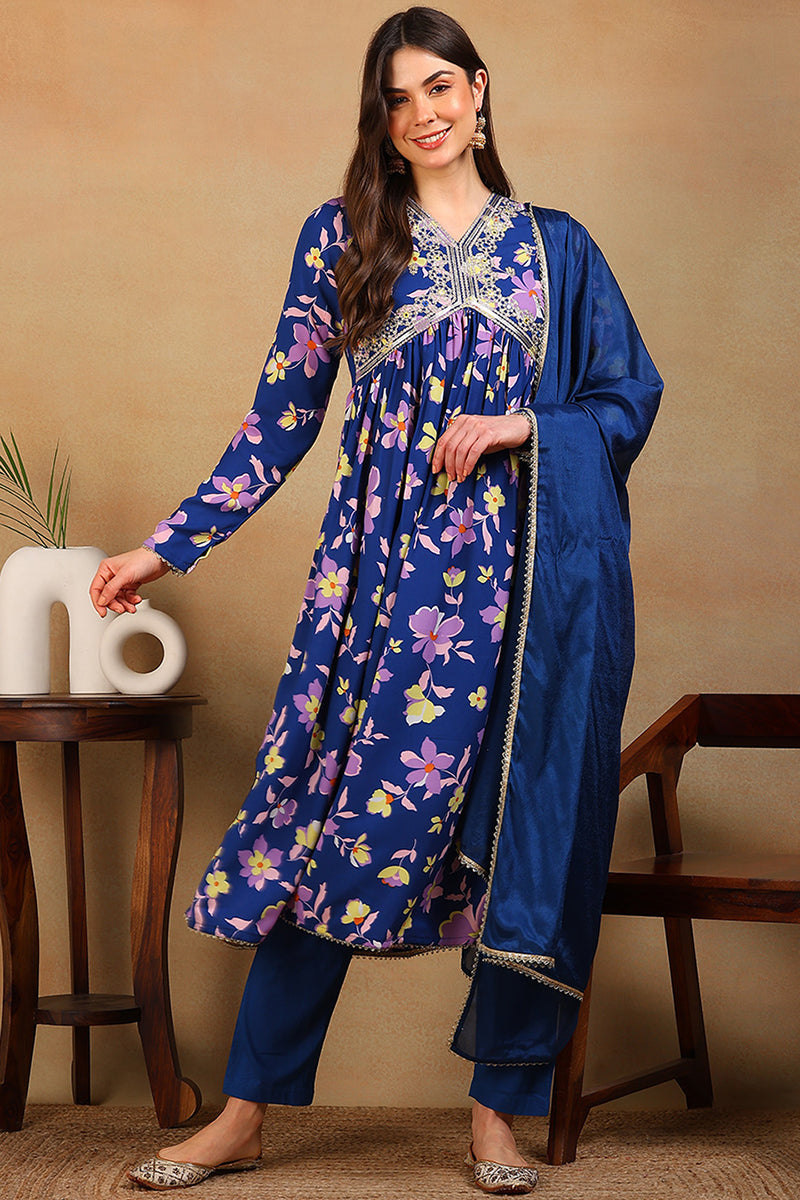ZERESOUQ-Blue-Poly-Georgette-Floral-Printed-Flared-3-Piece-Kurta-Set