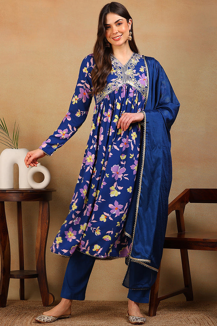 ZERESOUQ-Blue-Poly-Georgette-Floral-Printed-Flared-3-Piece-Kurta-Set