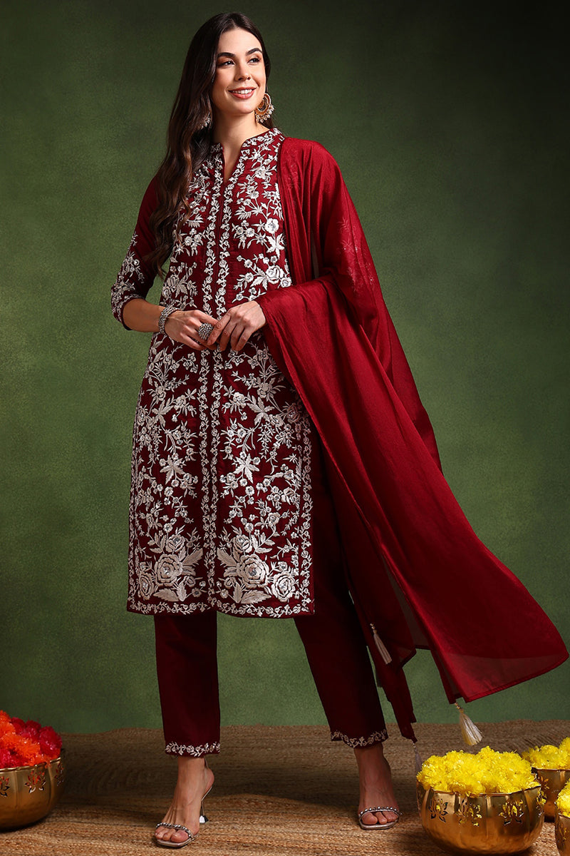 Maroon-Silk-Blend-Solid-Embroidered-Straight-Kurta-Set
