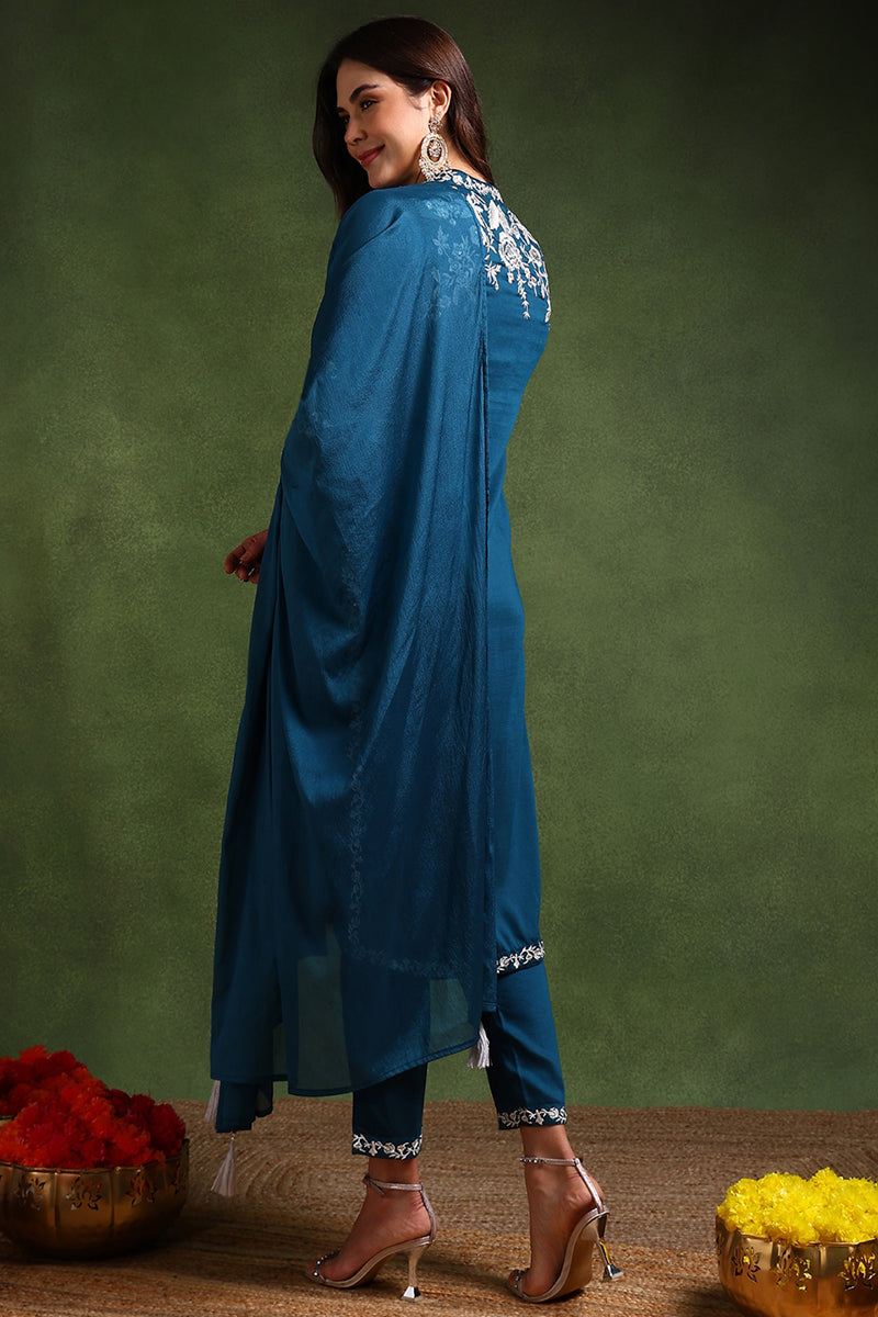 Teal-Blue-Silk-Blend-Solid-Embroidered-Straight-Kurta-Set