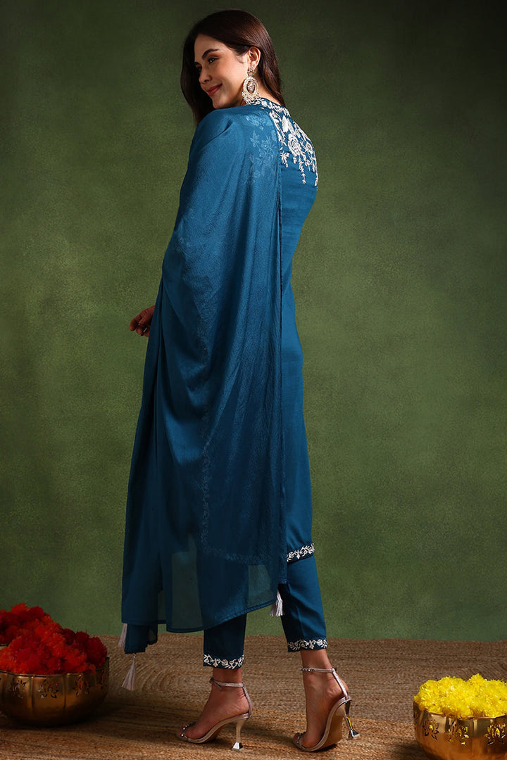 Teal-Blue-Silk-Blend-Solid-Embroidered-Straight-Kurta-Set