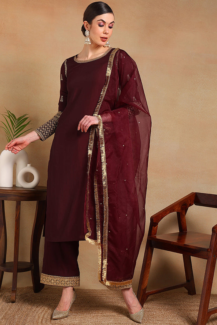 ZERESOUQ-Burgundy-Silk-Blend-Solid-Embroidered-3-Piece-Kurta-Set