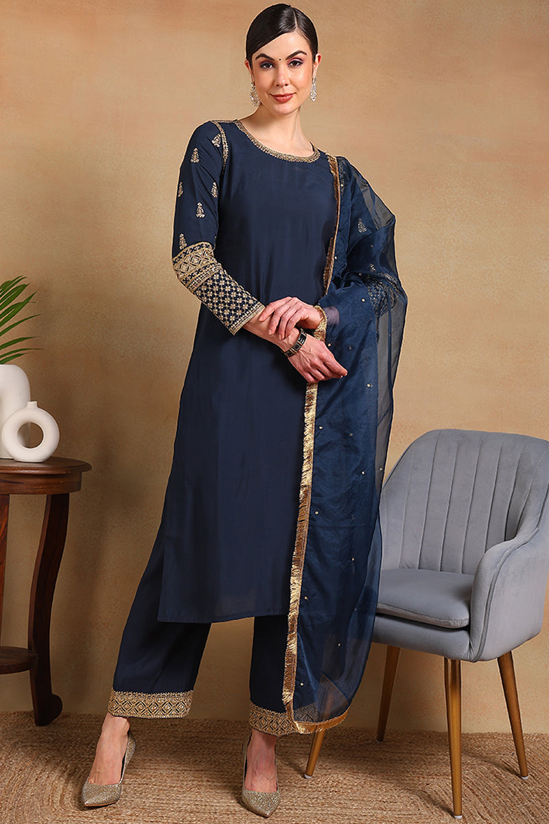 ZERESOUQ-Teal-Silk-Blend-Solid-Embroidered-Straight-3-Piece-Kurta-Set