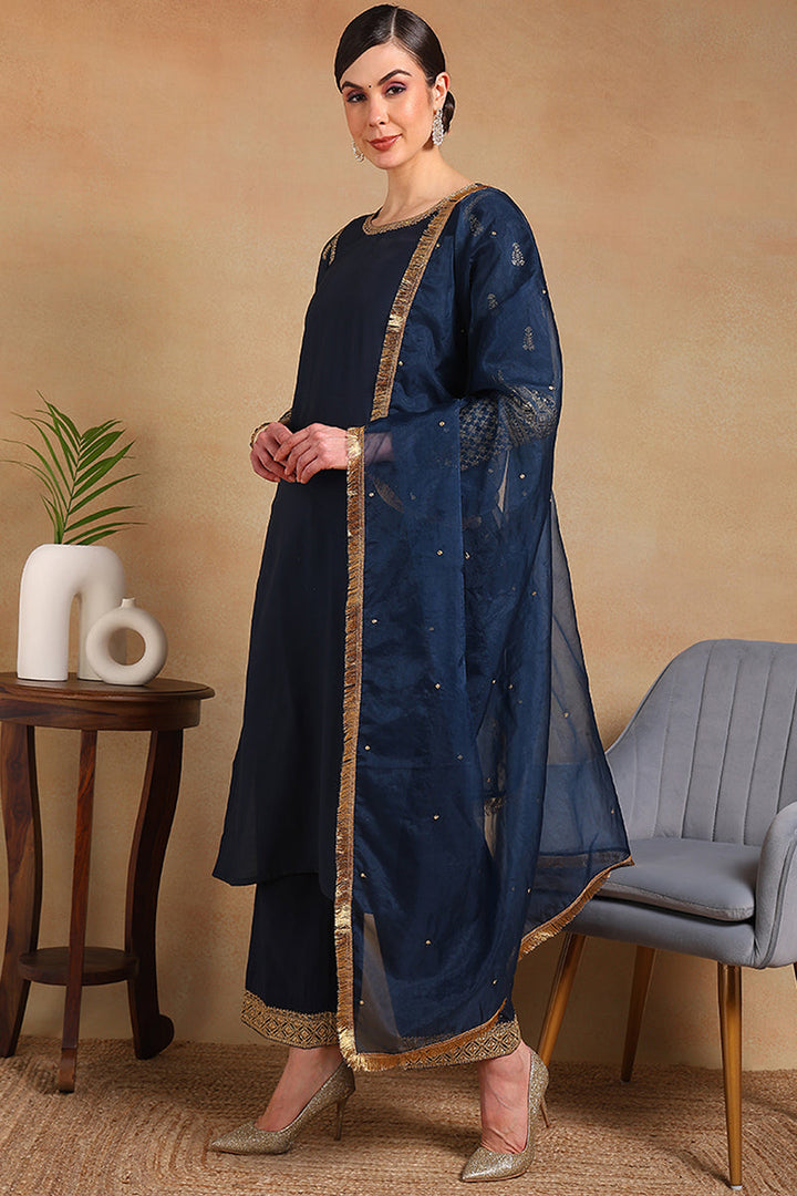 ZERESOUQ-Teal-Silk-Blend-Solid-Embroidered-Straight-3-Piece-Kurta-Set