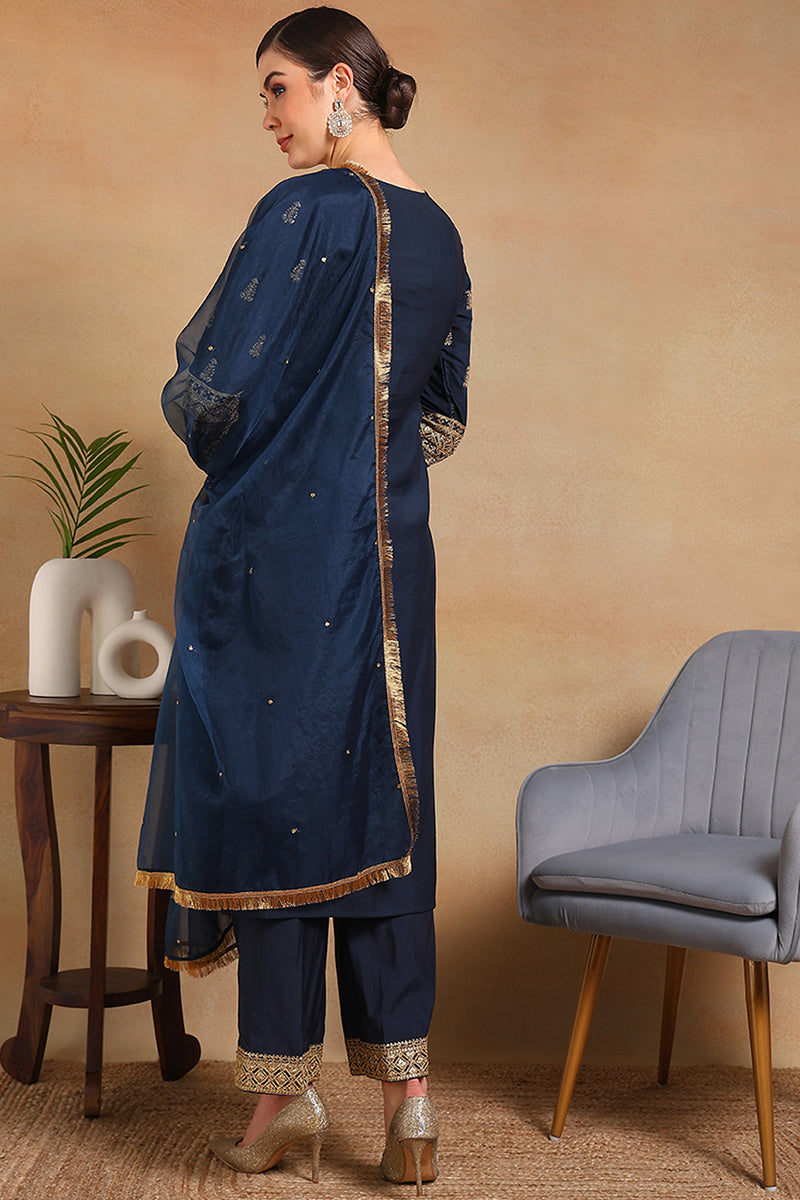 ZERESOUQ-Teal-Silk-Blend-Solid-Embroidered-Straight-3-Piece-Kurta-Set