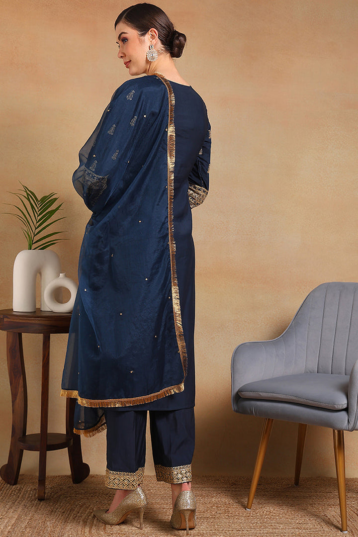 ZERESOUQ-Teal-Silk-Blend-Solid-Embroidered-Straight-3-Piece-Kurta-Set